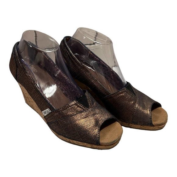 Toms Women's Metallic Copper Calypso Peep Toe Wedge Shoe Size 9.5W - Picture 6 of 13